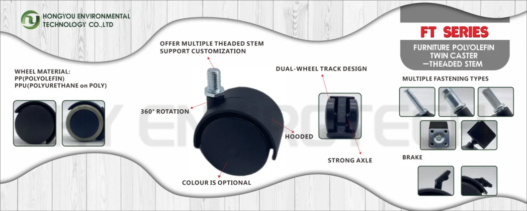 1.18"X1.18" (30X30mm) Polyolefin Furniture Twin Caster-Thread Stem From Hy Envirotech